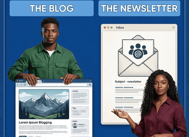 Professional man and woman presenting digital blog and email newsletter marketing layouts.