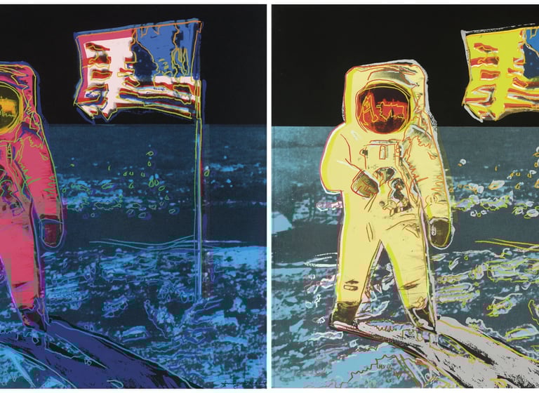 “Moonwalk” retrata o astronauta Buzz Aldrin durante a missão Apollo 11, simbolizando a conquista esp