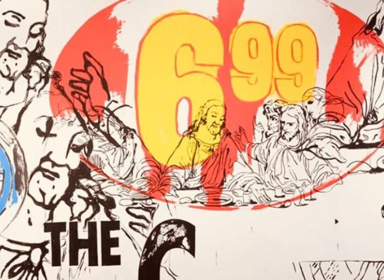 Colagem pop art com números "699", rostos religiosos e elementos gráficos. After the Last Supper (69