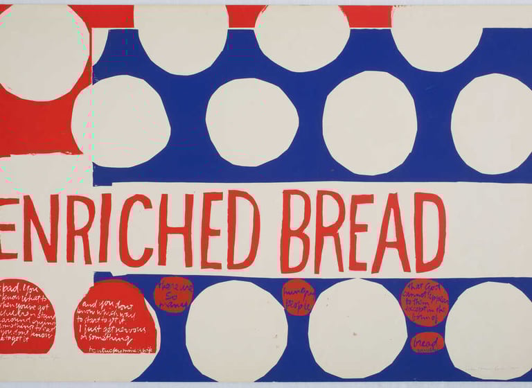 Serigrafia colorida e vibrante de Sister Corita Kent, com texto inspirador e design gráfico arrojado