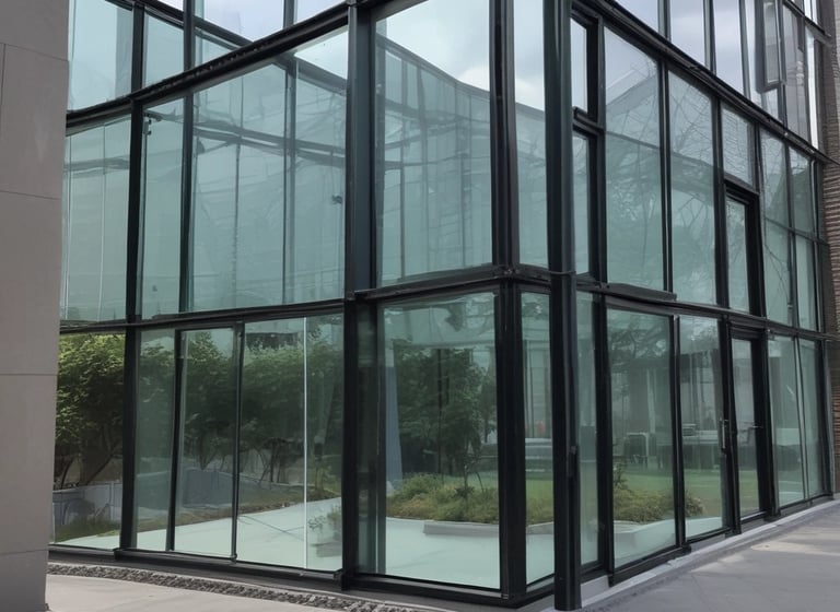 a large glass building with a clock on the outside