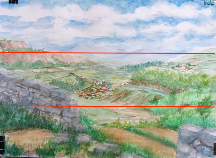 Watercolour painting by Angela Birchall of distant village viewed through gap in stone wall