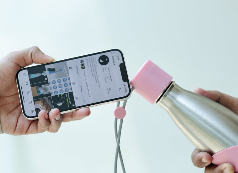 smart water bottle, liquisip bottle with Instagram open with pink bottle Steel smart water bottle
