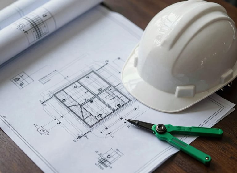 Top-down view of engineering blueprints on a desk next to a white hard hat and technical green drafting tools. Elegant, modern, and professional atmosphere.