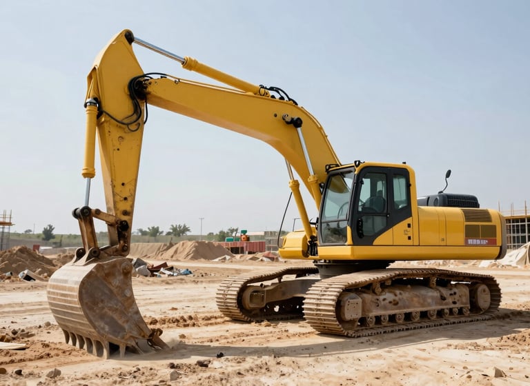A powerful yellow excavator working on a vast Turkish construction site, clean composition, bright daylight, professional architectural photography style, deep black shadows for contrast.