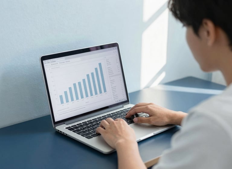A high-resolution photograph of a student in a minimalist, bright study space. They are looking at a laptop screen displaying clean, light blue-grey bar charts. The environment features pale ice blue walls and a dark navy desk. Soft, natural morning light creates a professional atmosphere.