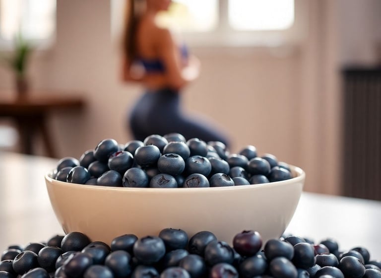 Overflowing Bowl of Blueberries with Dieter in Background