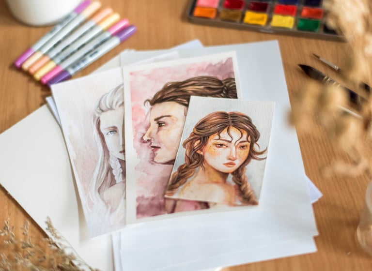 Portraitzeichnungen auf einem Tisch