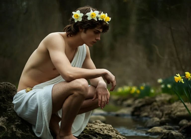 Narcizo in a white robe sitting on a rock
