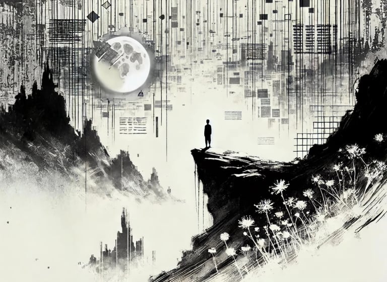 a man standing on a cliff overlooking a city