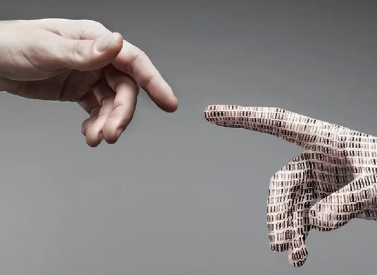 a person reaching out of a hand with a newspaper clipping
