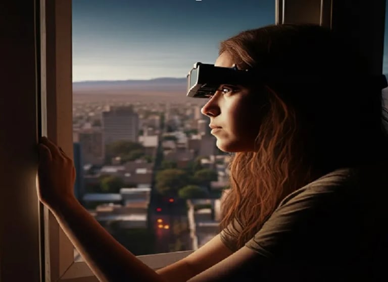 a woman wearing a virtual reality headset and a virtual reality headset