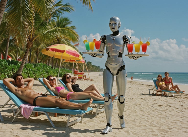 Robot sirviendo trabajos en una playa ¿Nos vamos a quedar sin trabajo? ¡¿Qué hacemos?!