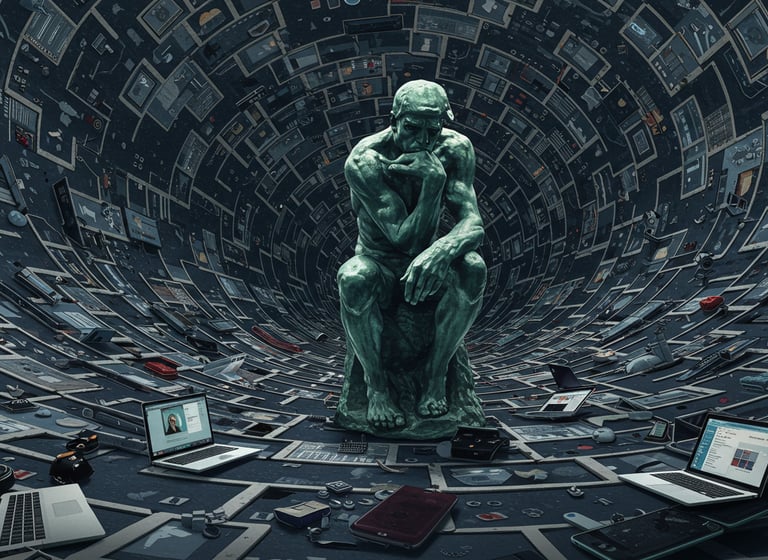 Rodin Thincker a statue of a man sitting on a table with laptops