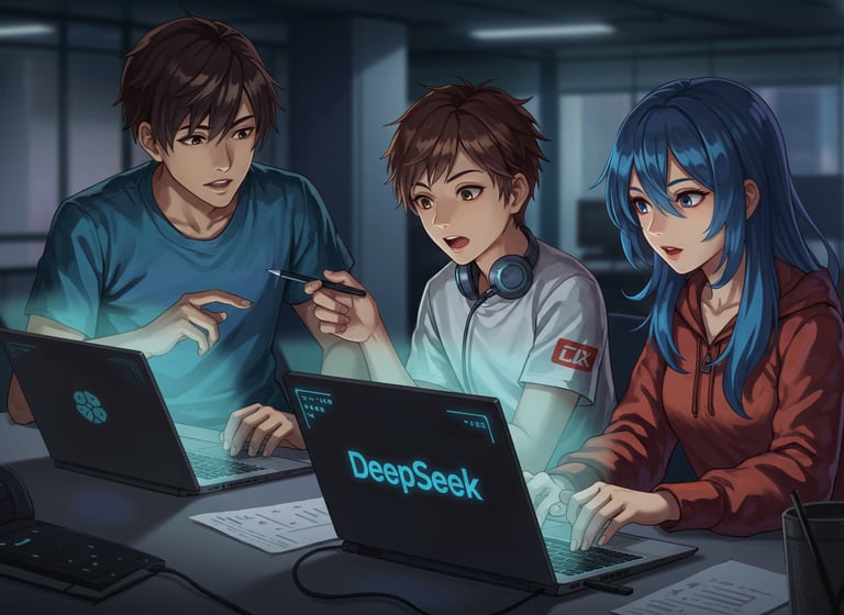 DeepSeek team, a group of people sitting around a laptop