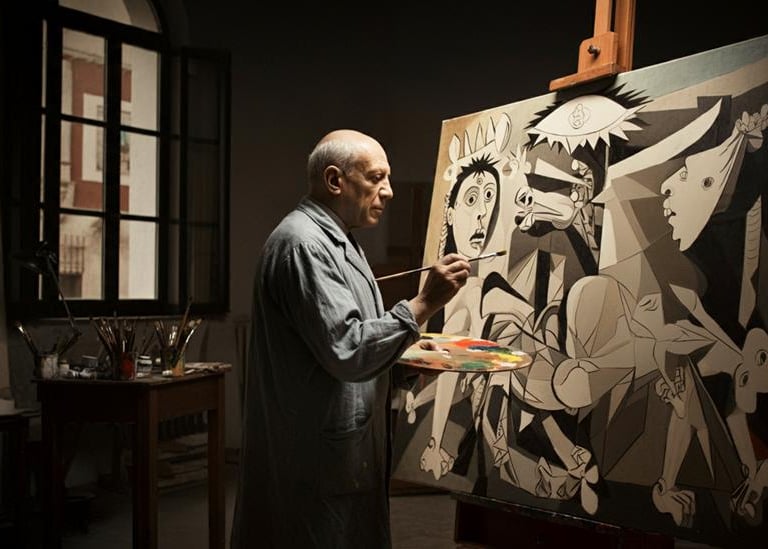 Pablo Picasso is painting a picture of a woman