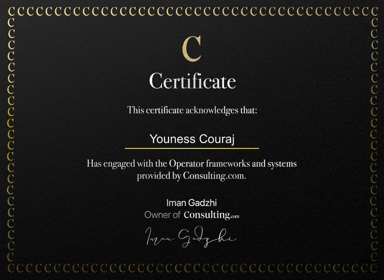 Consulting.com certificate for Youness Couraj for Operator frameworks and systems by Iman Gadzhi.