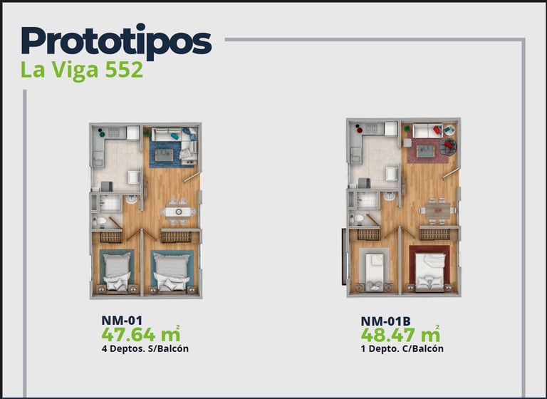 LV52 Características Depto.  Plano con 2 recamaras, sala comedor, baño y cocina. 47 y 48 m2