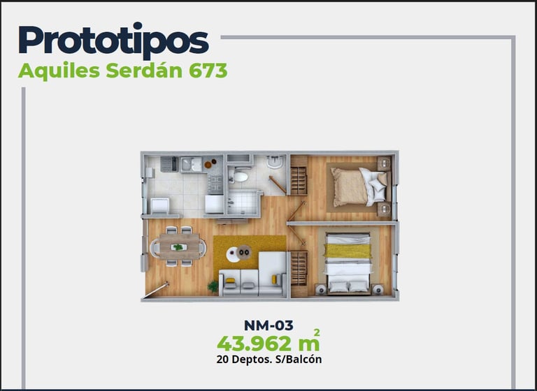 ASER Caracteristicas Departamento. Plano con 2 recamaras, sala comedor, baño y cocina. 43 mts2