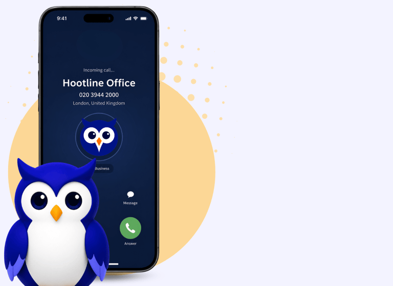 Hootline phone app screen with owl mascot beside frequently asked questions
