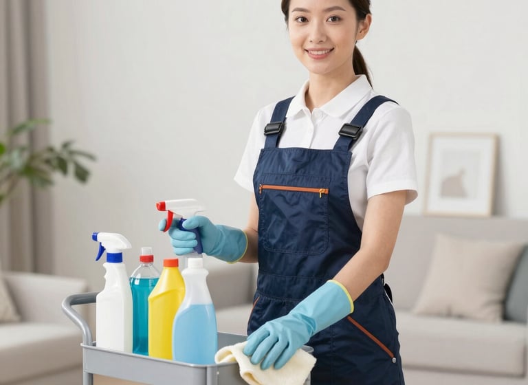 Professional cleaning staff working in a modern office environment.