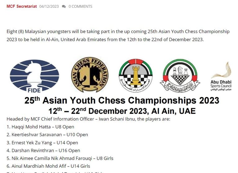 Malaysians Youth To Participate At The 25th Asian Youth Chess Championship In Al-Ain, UAE