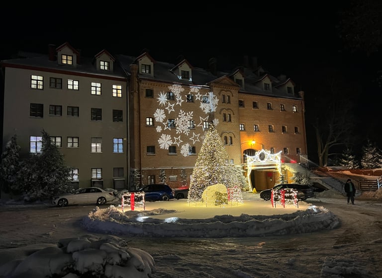 Arriving at Ryn castle in winter