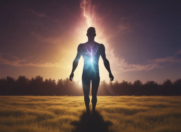 a man standing in a field with a glowing light shining in the sun
