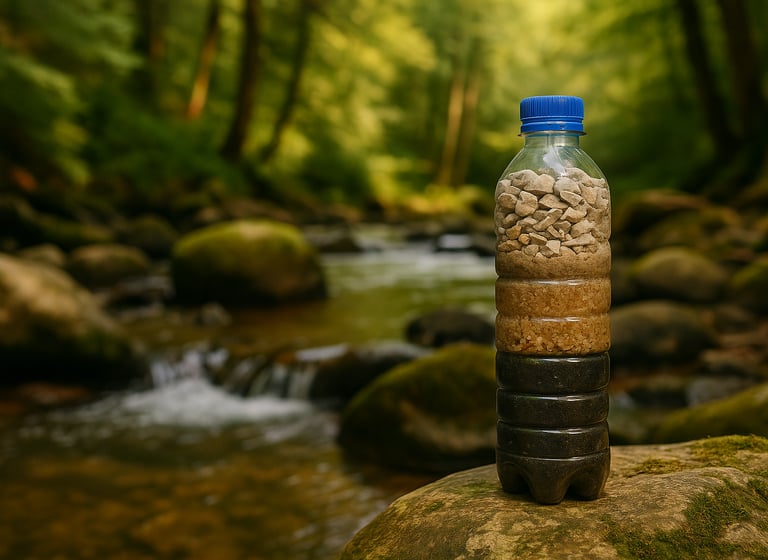 DIY water filter in plastic bottle showing layered filtration setup