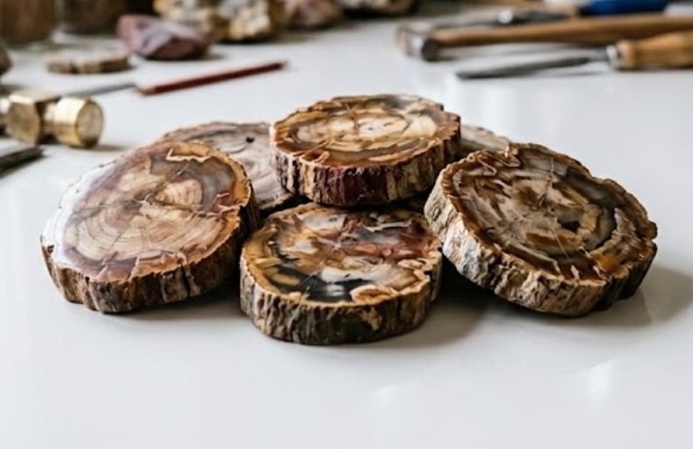 tranches de bois pétrifié