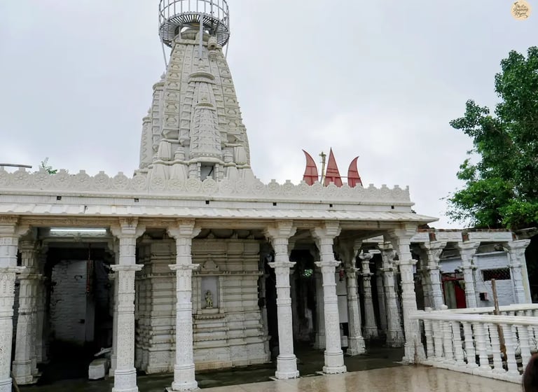 Traditional Rajasthani-style marble archway at the hilltop Karni Mata Temple overlooking Udaipur.