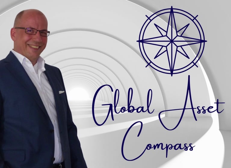 Professional Heinz Roelfs standing by Global Asset Compass logo and a white circular tunnel.
