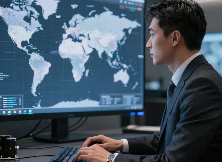 Business professional analyzing global market data for strategic market entry planning