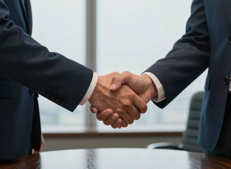 A close-up shot of two business professionals in North American corporate attire shaking hands in a high-rise boardroom. The lighting is soft and natural, with tones of deep blue and light grey reflected in the polished wood table.