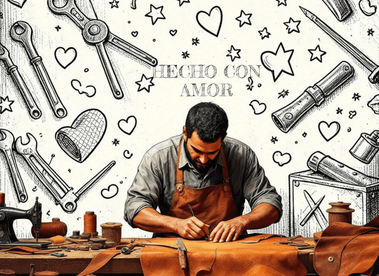 Artesano talabartero mexicano, elaborando productos hechos a mano con herramientas y bocetos
