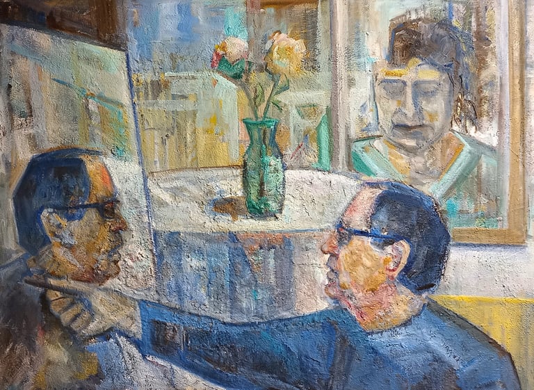 Autorretrato de autorretrato, óleo y materia del pintor Argi Girón. Double self-portrait oil artist 