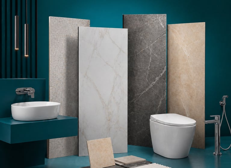 Modern bathroom design featuring marble porcelain tiles, a white vessel sink, and a sleek floor-mounted toilet.