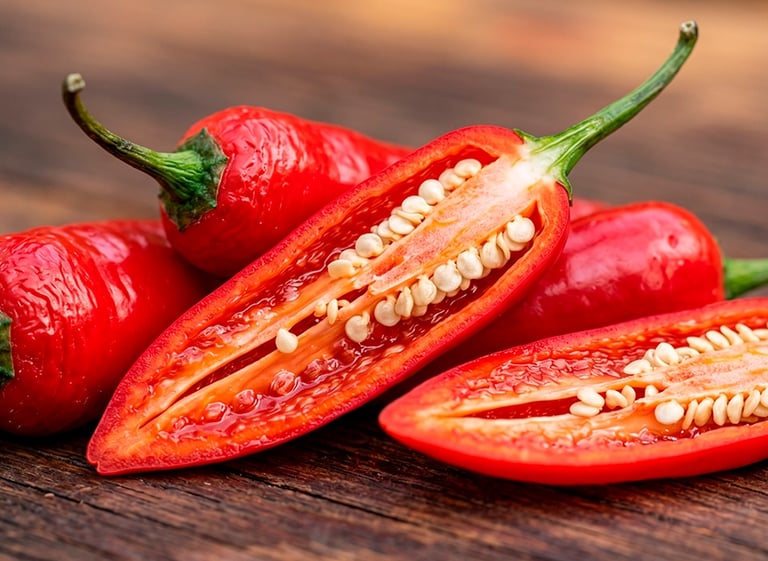 Primer plano de chiles rojos frescos; fuente natural de capsaicina