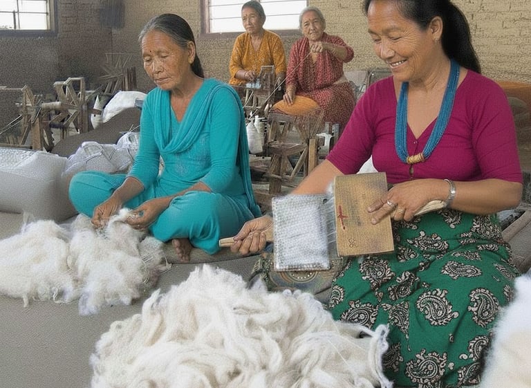 Hand carding Tibetan wool for fine, soft, and high-quality yarn used in handmade carpets.
