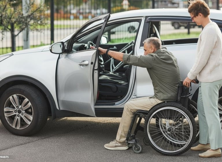 Support worker assisting a man in a wheelchair as he transfers into a white car for community access