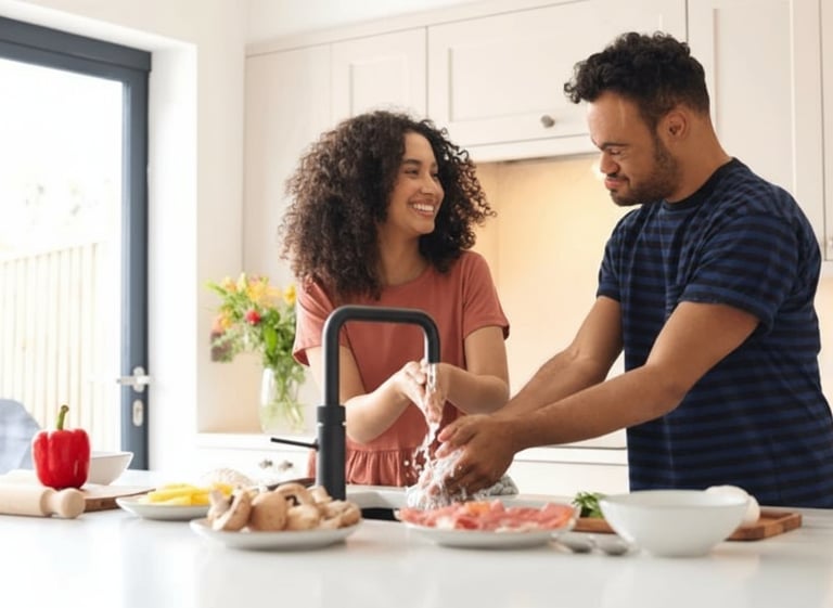 NDIS support worker assisting a participant with washing hands and preparing food together.