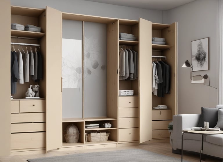 Modern MDF furniture showroom with natural light highlighting sleek, sustainable designs.