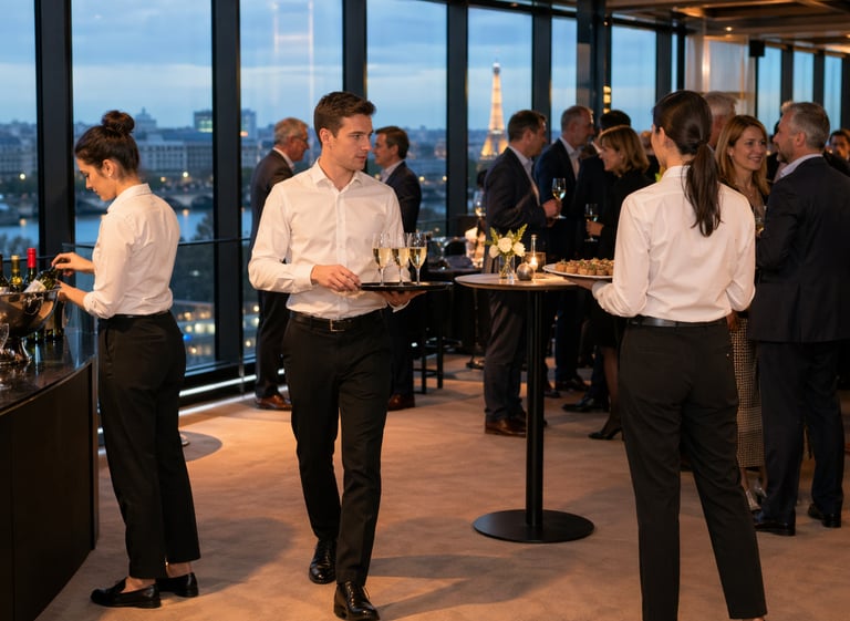 Des serveurs professionnels animent un cocktail d'entreprise à Paris avec vue sur la Tour Eiffel.