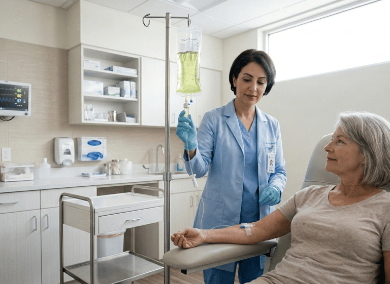 A nurse in a blue coat administers an IV drip to a senior patient in Kemet Oxy clinic.