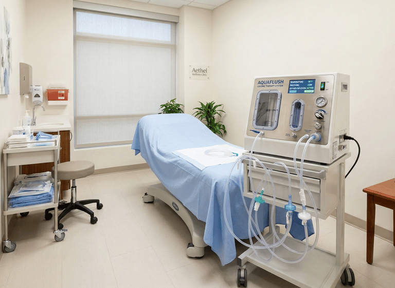 Kemet Oxy Clinic colon hydrotherapy room featuring an Aquaglush machine and medical treatment table.