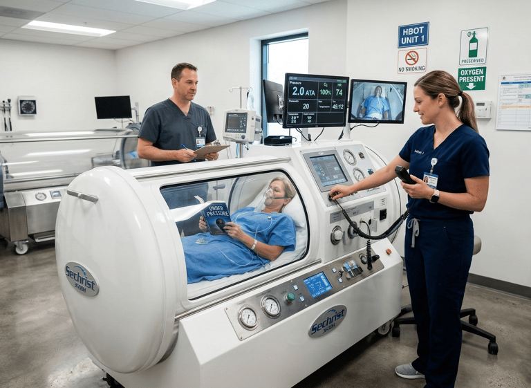 Kemet Oxy Clinic staff monitoring a patient inside a monoplace hyperbaric oxygen therapy chamber.
