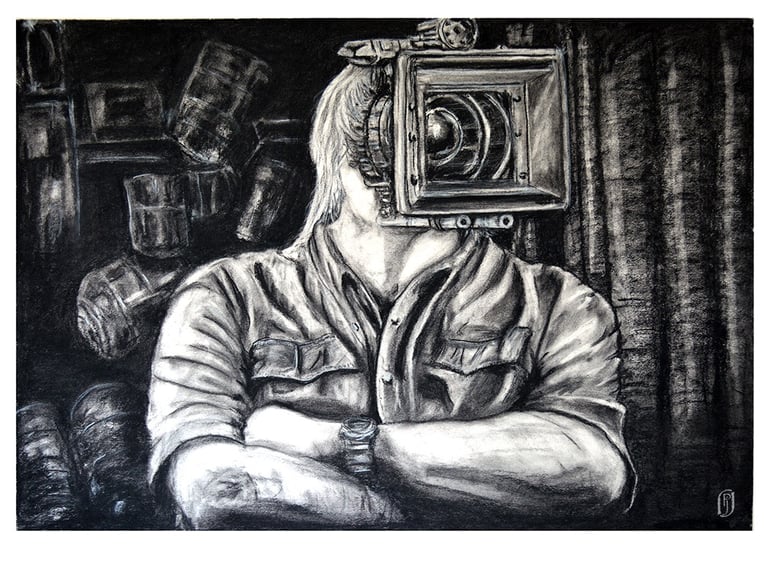 Illustration of videographer with camera lens for face