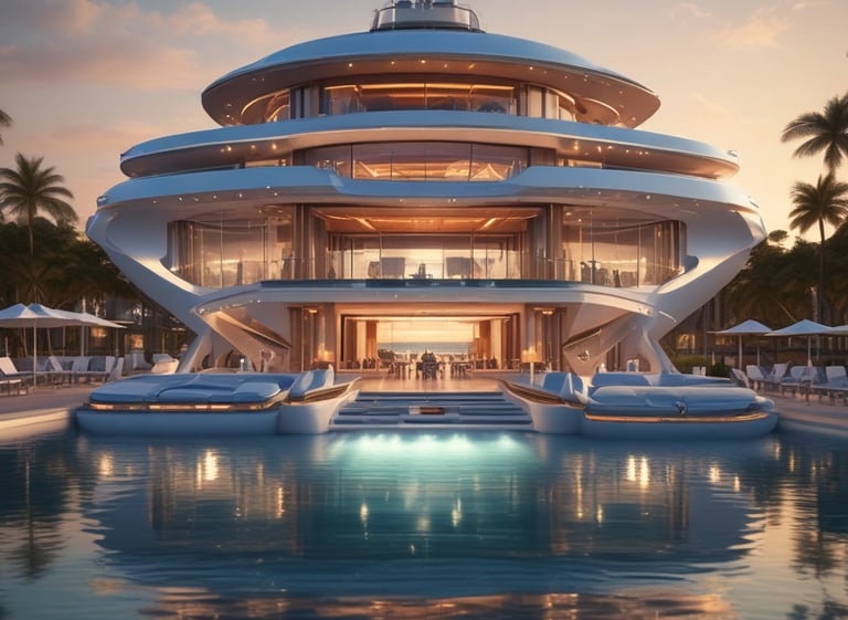 A sleek, modern luxury yacht gliding through crystal-clear waters at sunset, embodying exclusive experiences.