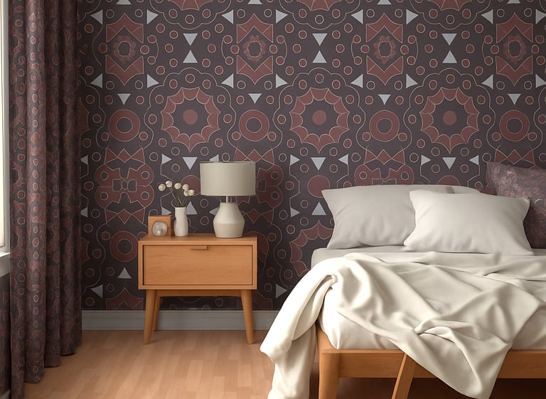 Bedroom with Atelier 59 STUDIO wallpaper and fabric. Pattern - Tile Eight