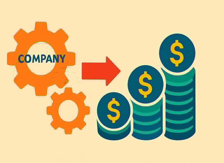 Graphic showing money being paid out from gears (representing a company) to coins